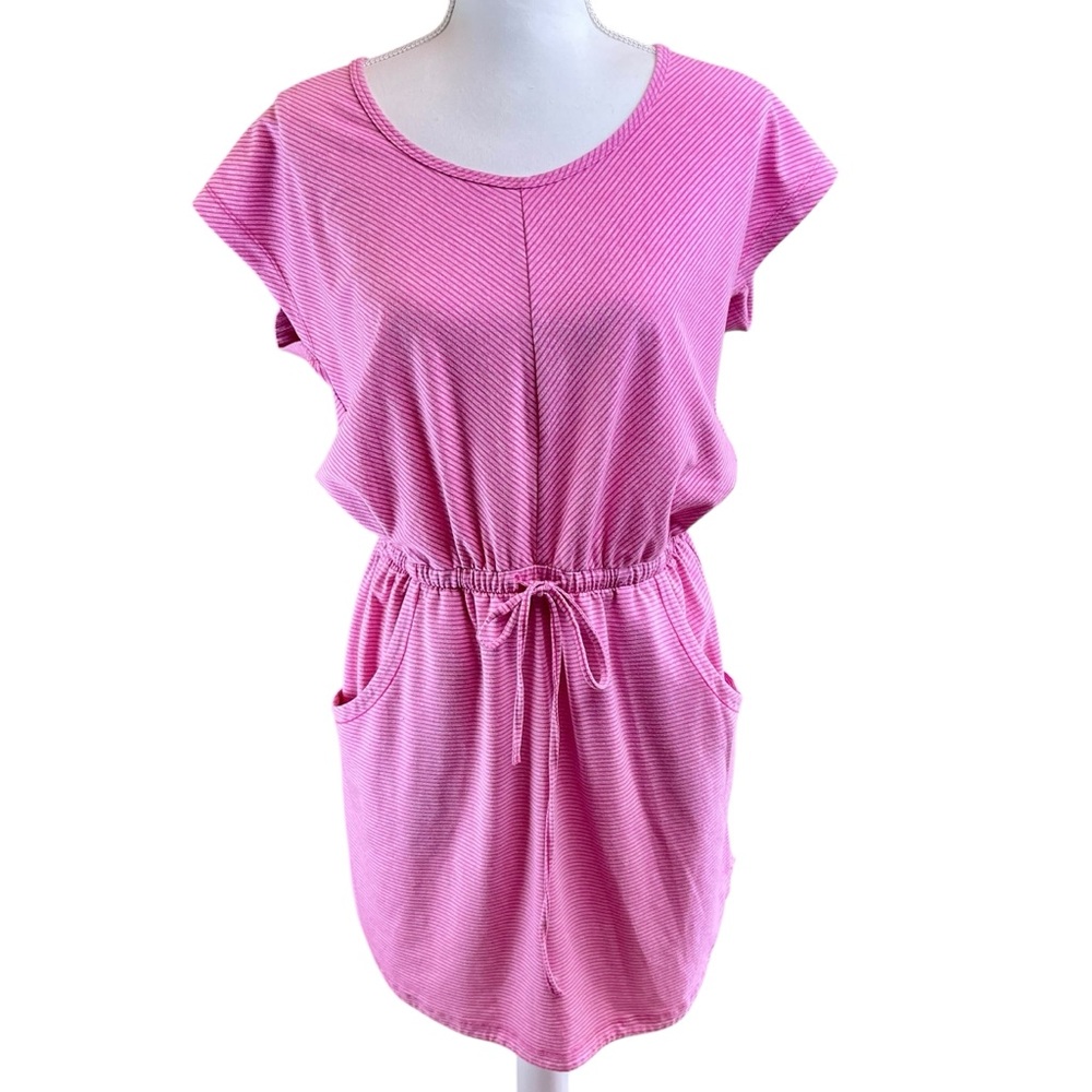 NORTH FACE Pink Striped Short Sleeve Dress Med Drawstring Casual Travel Vacation